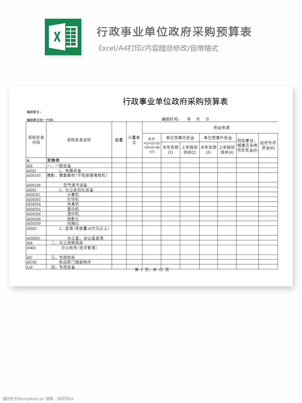 行政事业单位政府采购预算表