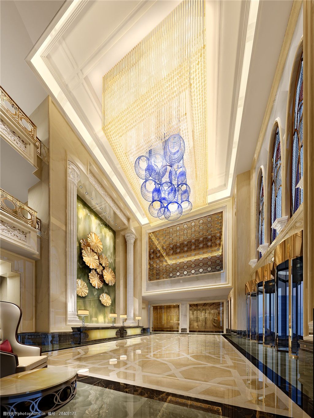 酒店装修 大厅装修 瓷砖地板 蓝色水晶灯 金色背景墙