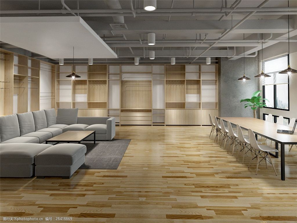 现代清新办公室木地板工装装修效果图