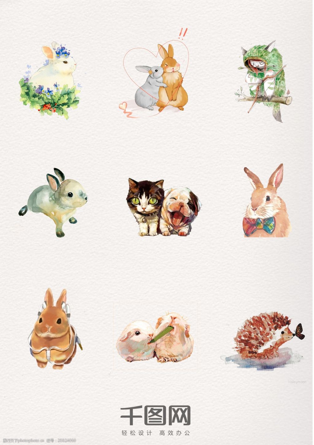 关键词:一组可爱水彩动物设计素材 水彩 手绘 兔子 刺猬 猫 狗 陆地