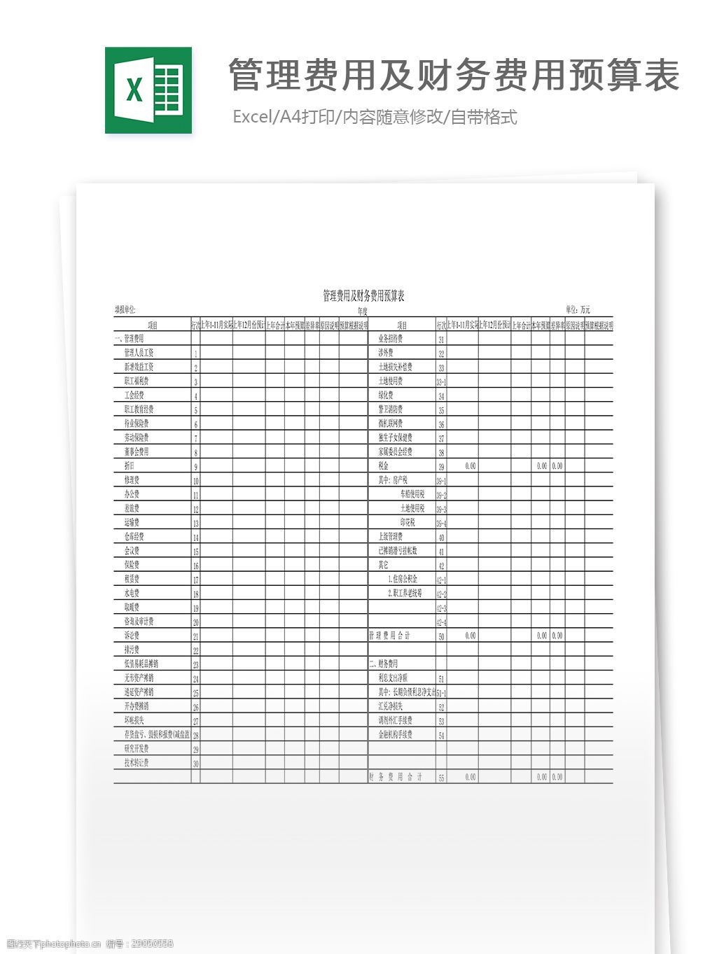 管理费用及财务费用预算表