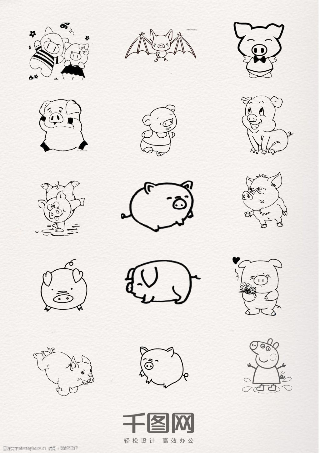可爱黑色线条猪猪简笔画 动物 猪猪 铅笔 钢笔 黑白 线条 简约画 卡通