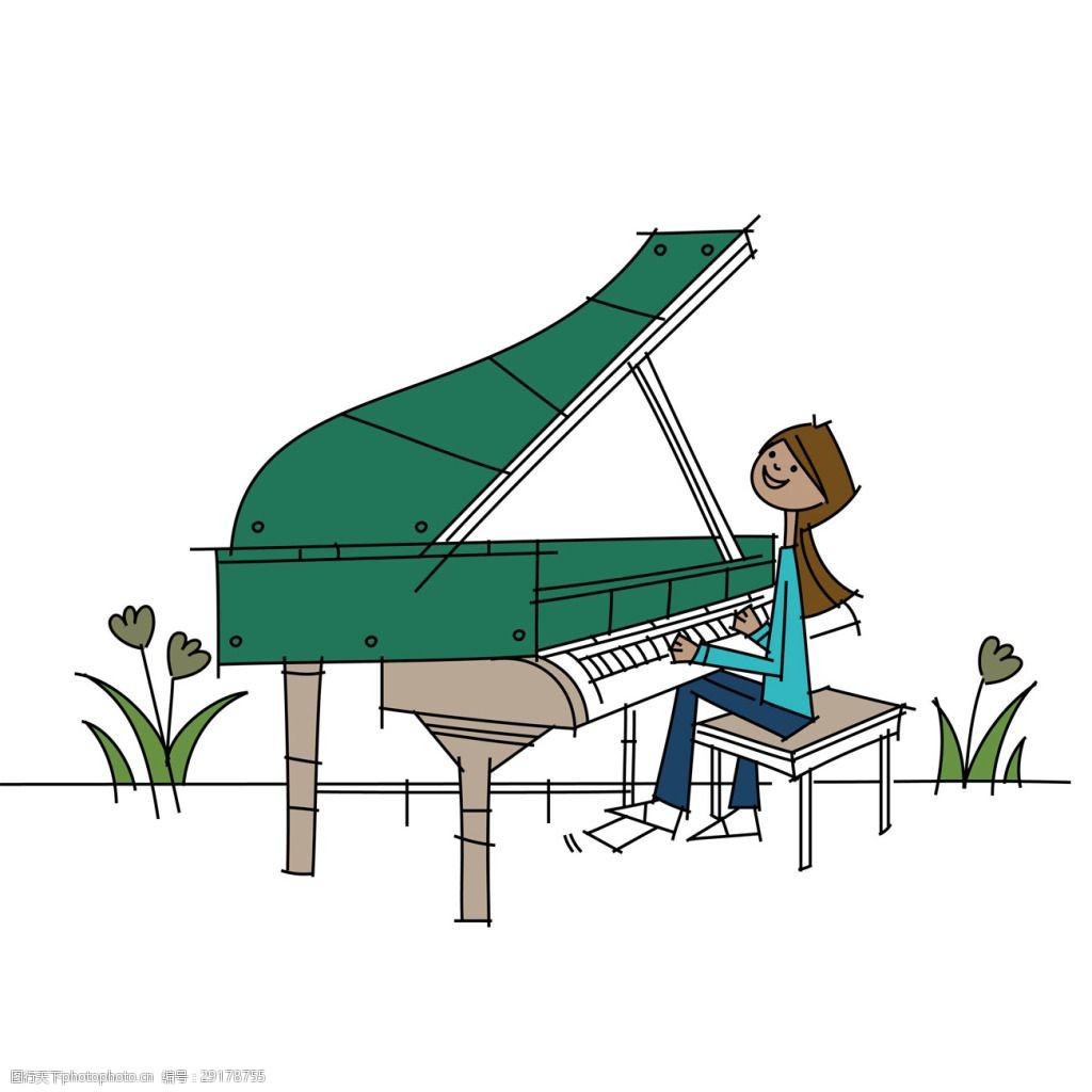卡通弹钢琴的女孩png元素素材