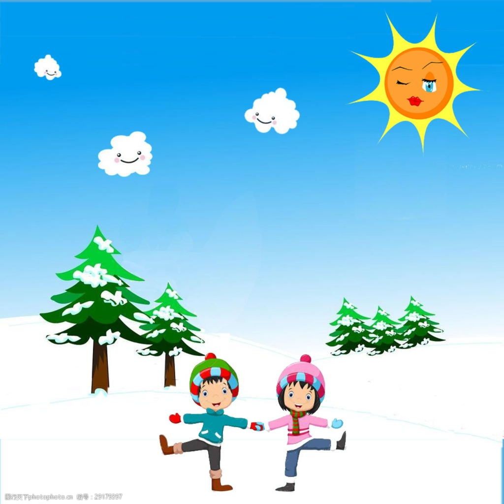关键词:快乐的冬天风景背景 冬天 卡通 男孩 女孩 太阳 学 松树
