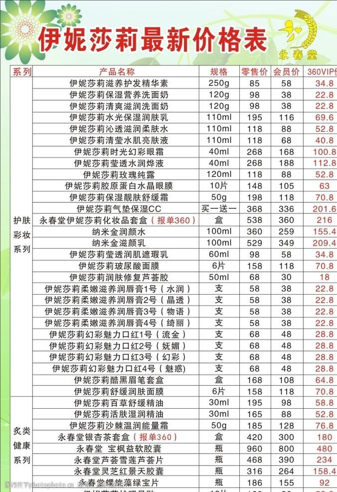 价格表 日用品价格表 伊妮莎莉 伊妮 莎莉 logo 永春堂 设计 文化艺术