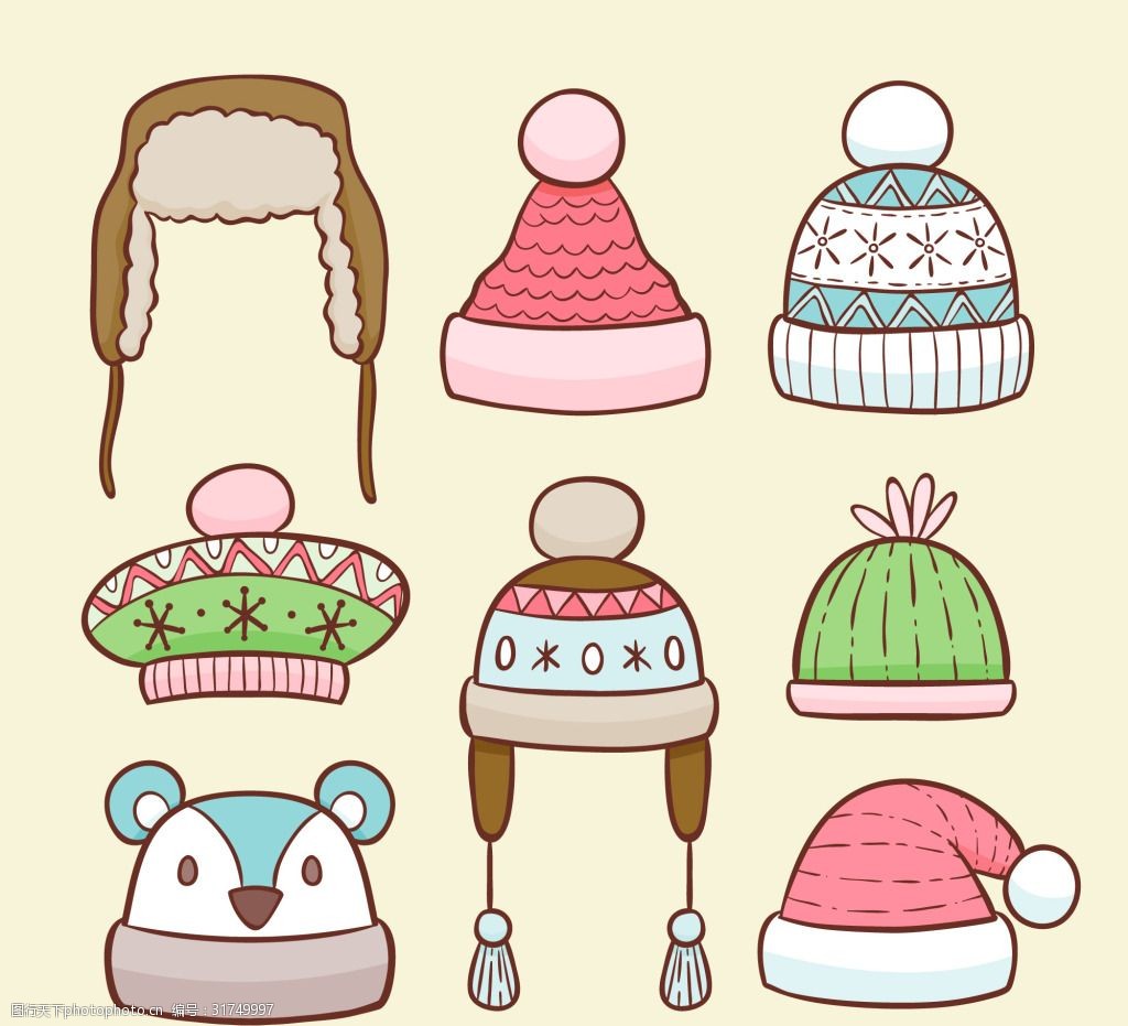 帽子 手绘帽子 卡通帽子 矢量帽子 冬季 帽子图案 保暖帽子