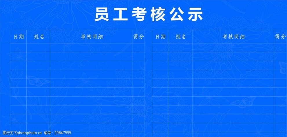 关键词:员工考核公示 考核 考核公示 背景底纹 蓝色 表格 展板 公司