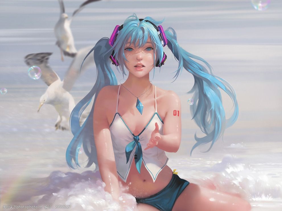 初音未来泳装装扮同人手绘