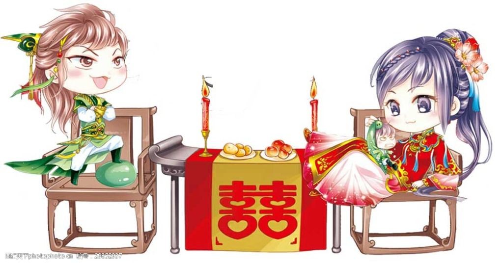 卡通古装结婚动漫女孩男孩png元素