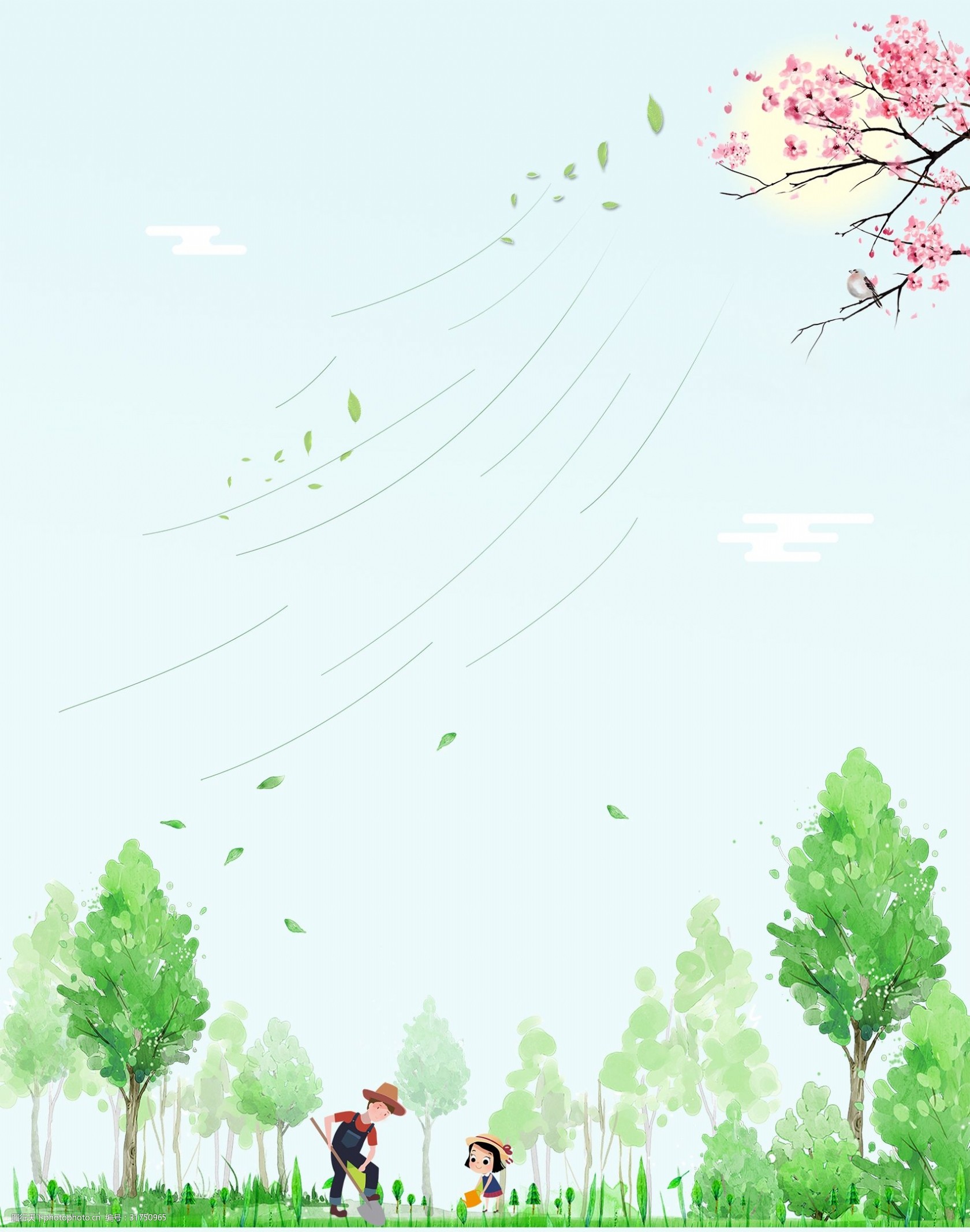 手绘卡通绿色小清新植树节背景图片-图行天下图库