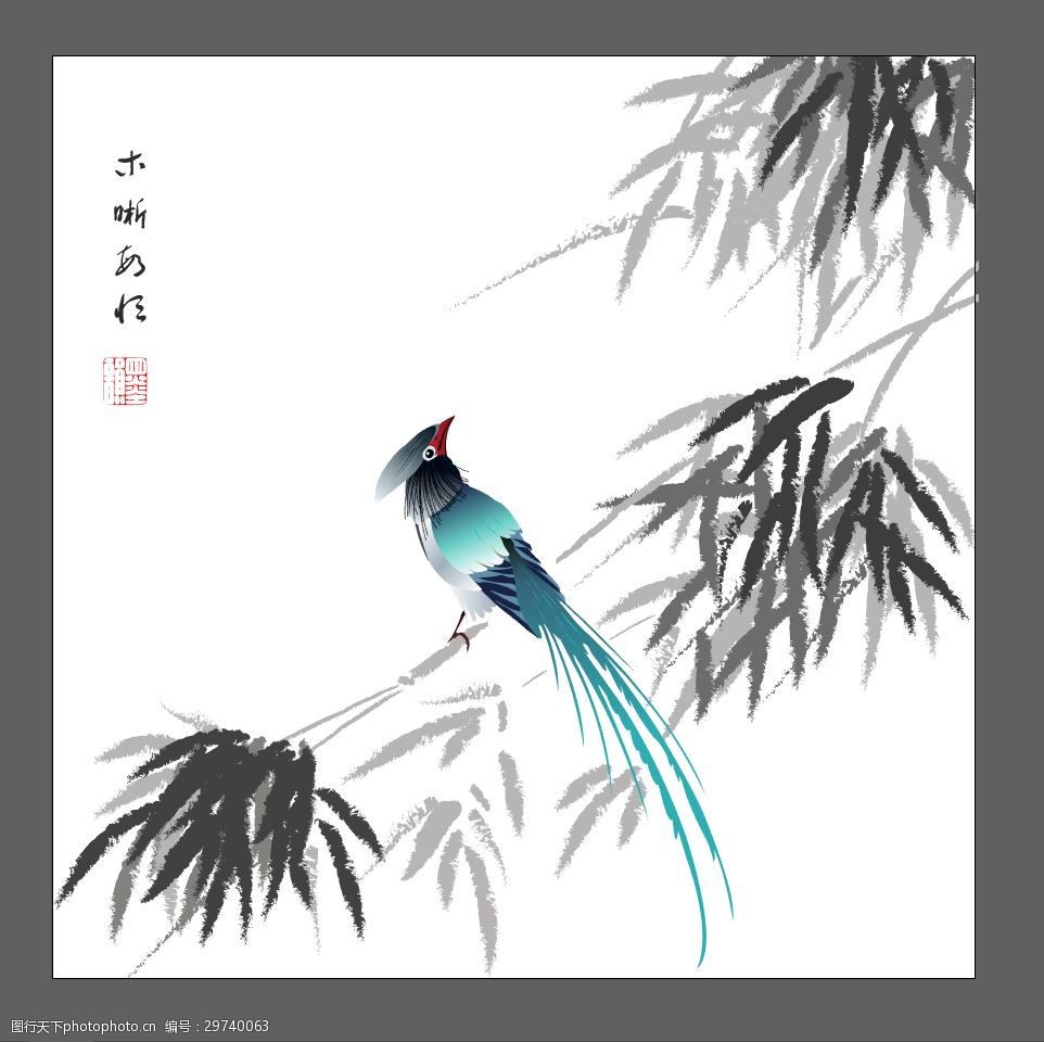 水墨竹花鸟矢量