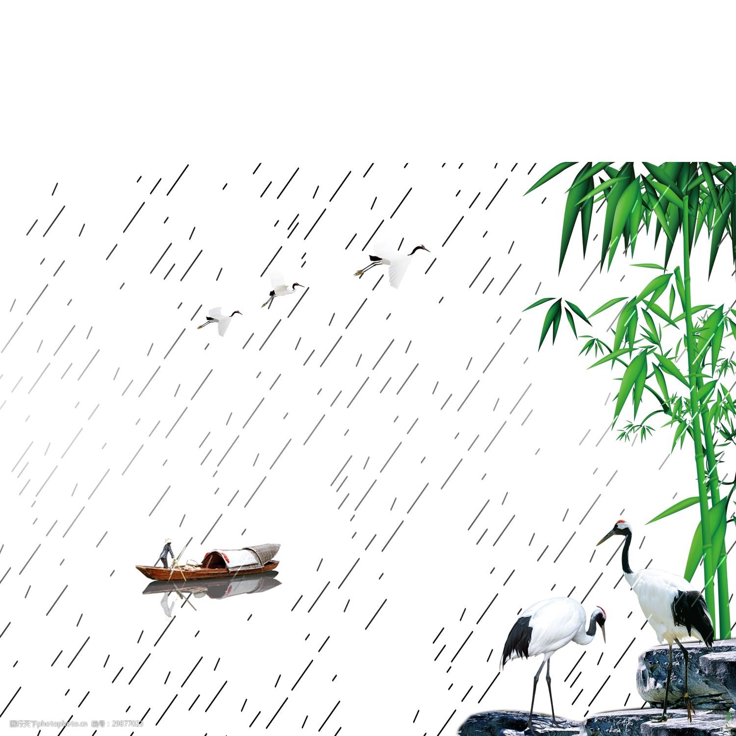 关键词:温婉清新雨季湖面装饰元素 下雨 绿植 竹子 仙鹤 风景画 小舟