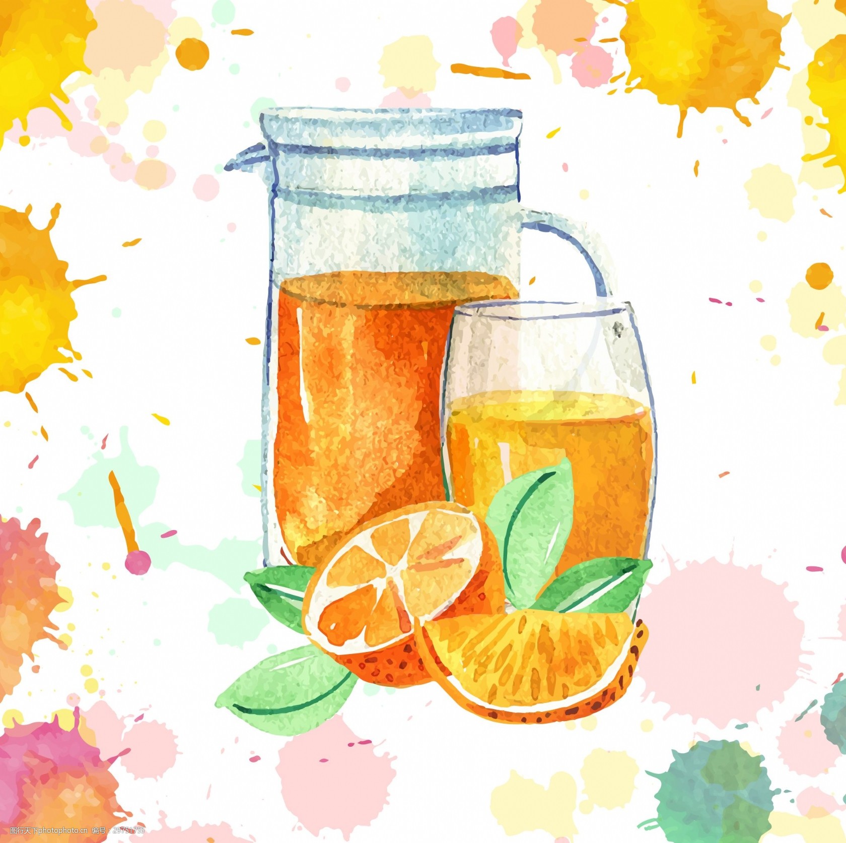 水彩绘夏天的桔子汁插画