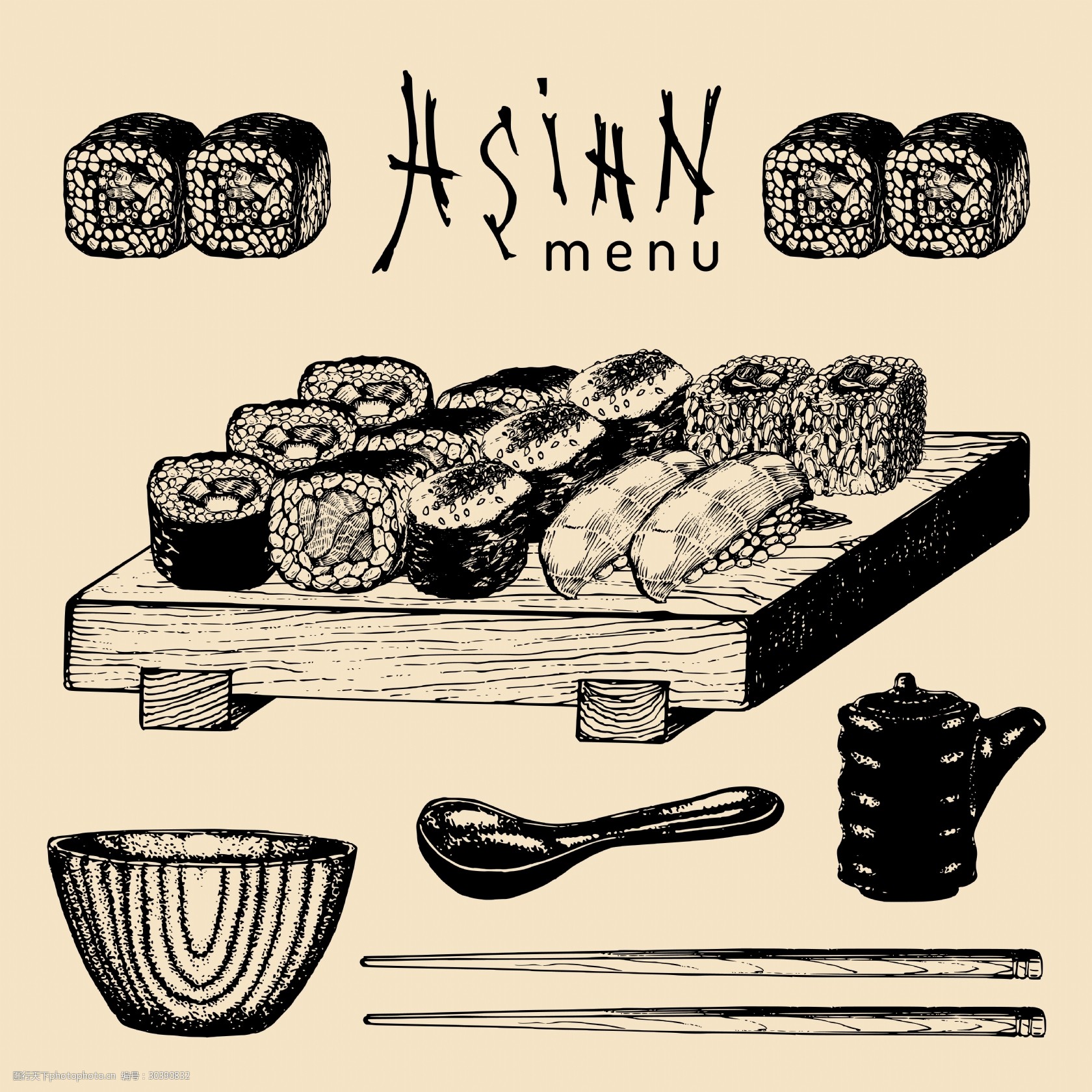 黑白手绘日式寿司插画