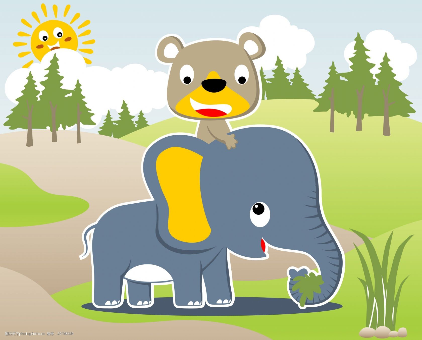 森林 草地 大树 动物 儿童插画 大象 小熊 可爱玩耍