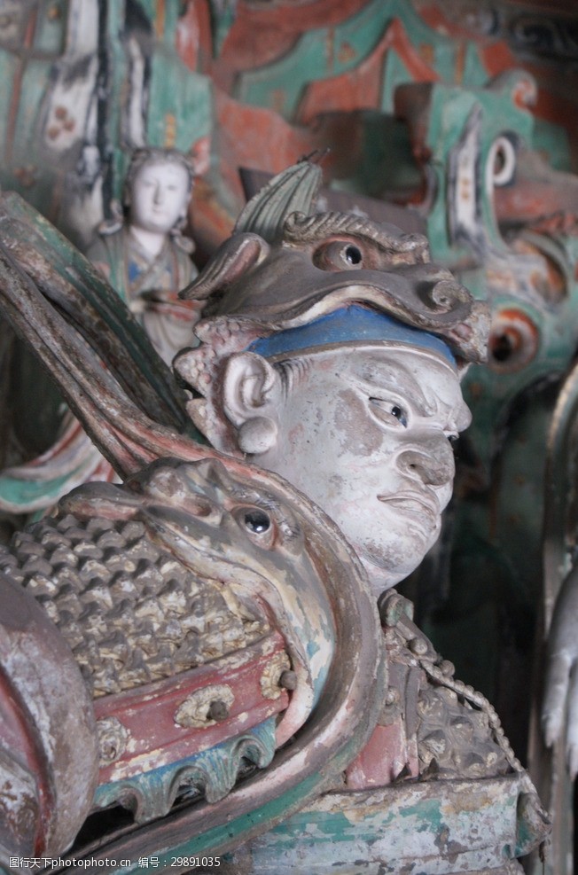 韦陀 上身侧面特写 彩塑 佛像 佛教 宗教 山西 平遥 韦陀 双林寺 摄影