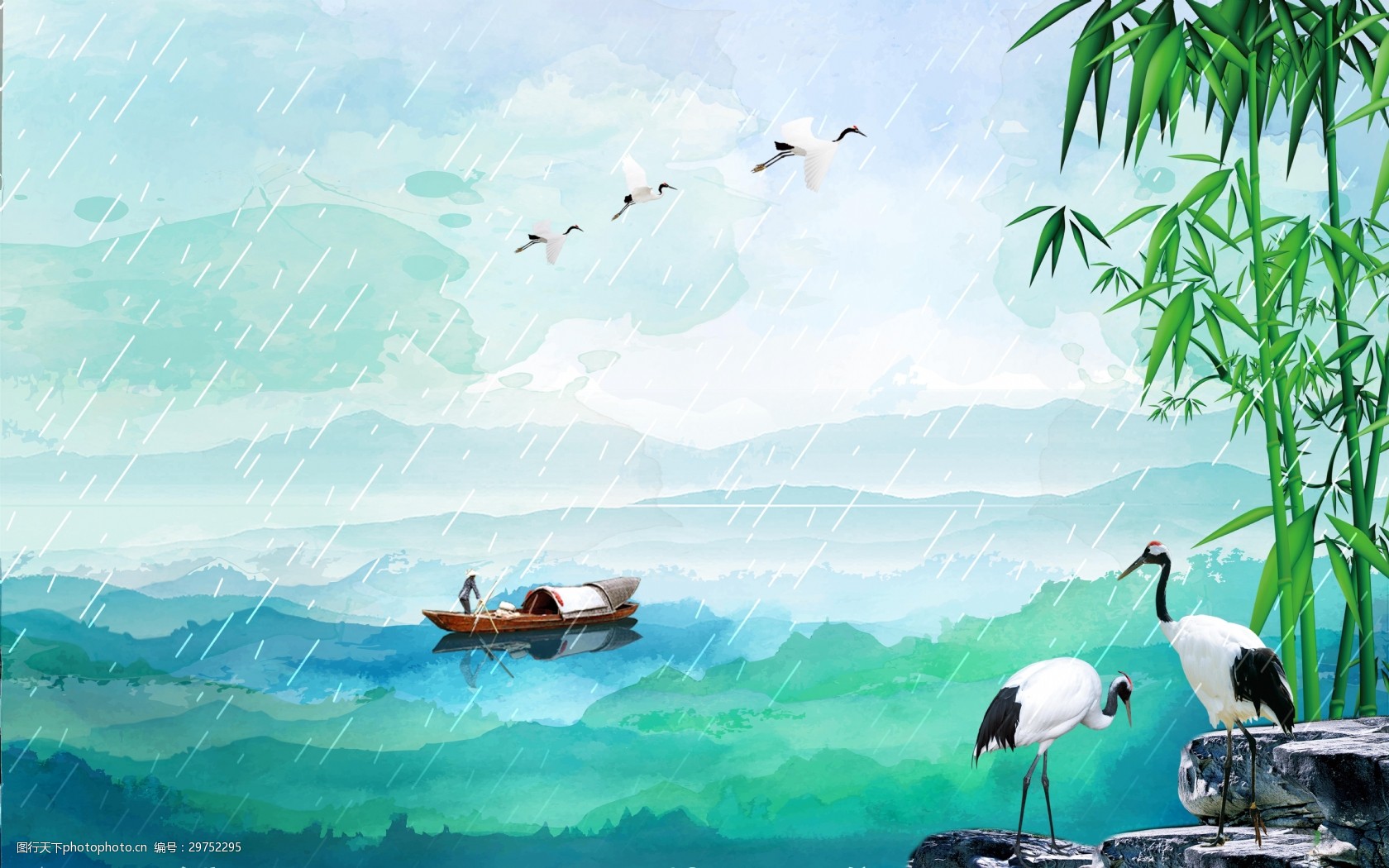 关键词:清新唯美山水风景海报背景 清新 水彩画 山水 风景 竹子 雨天