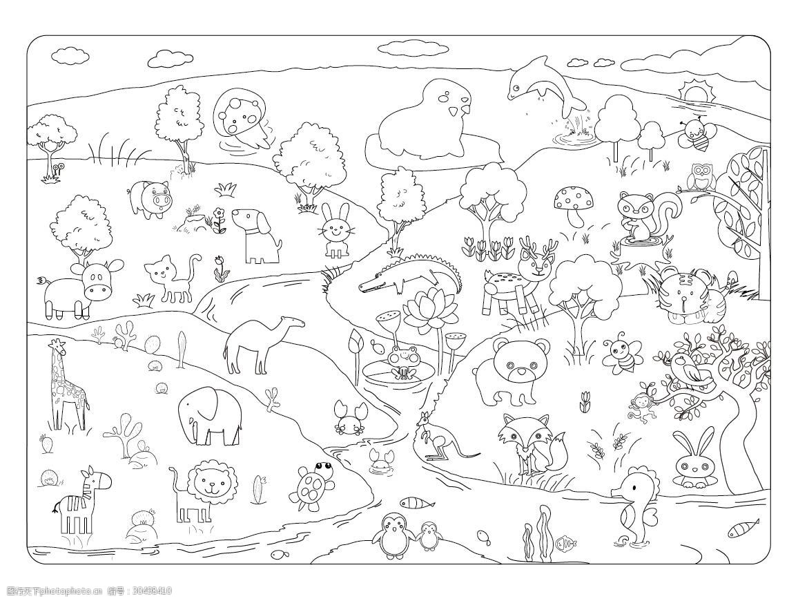 关键词:小世界简笔画 线条 简约 动物 森林 可爱 卡通 世界 画布