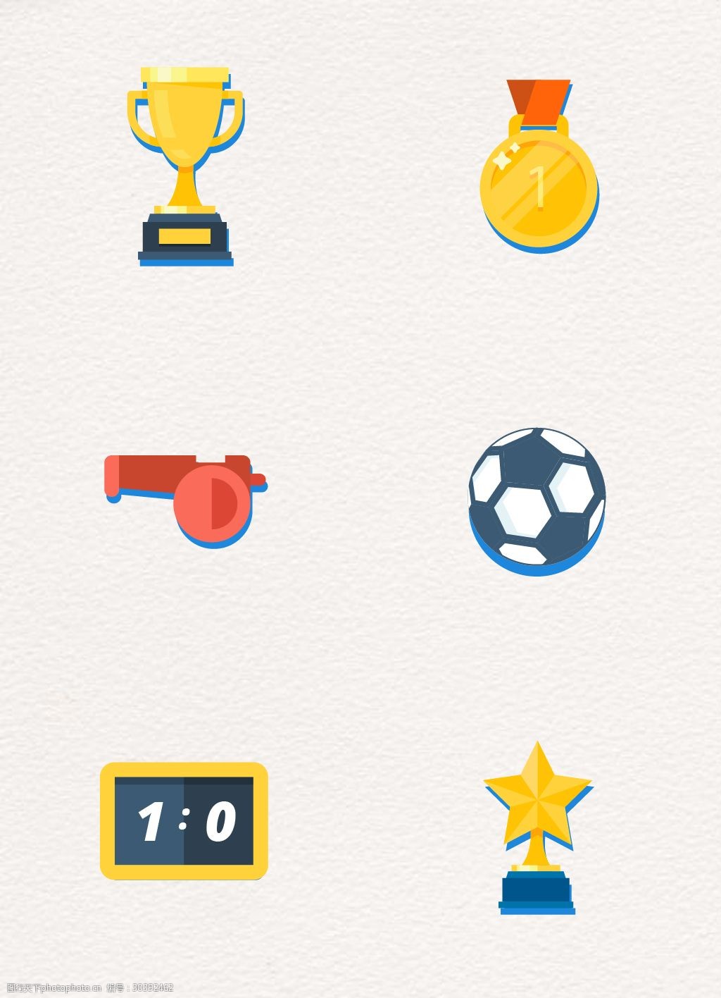 关键词:卡通矢量足球比赛图标设计 卡通 矢量图标 奖杯 奖牌 足球