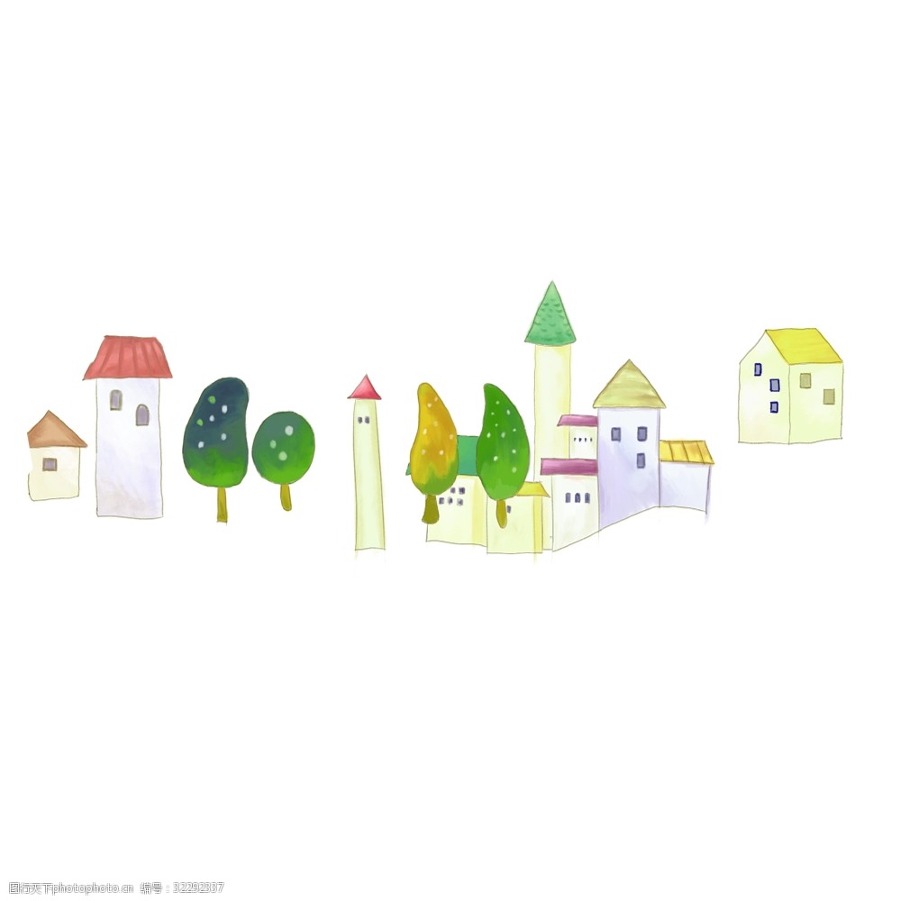 儿童画 城市 建筑 高楼 大树 绿植 树木 楼房 住宅区 卡通房屋 卡通