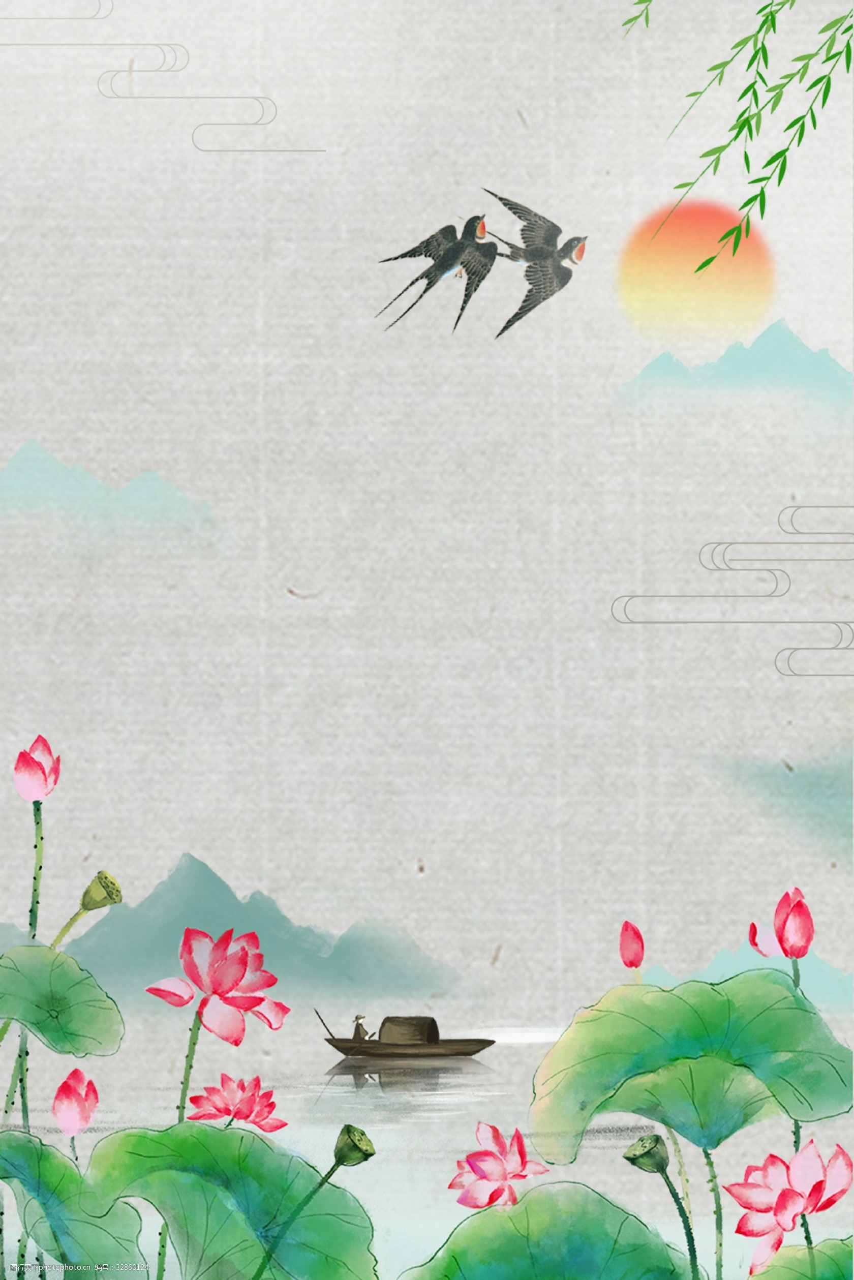 关键词:夏季复古荷塘海报背景图 中国风 山水 水墨 荷花 荷塘 燕子