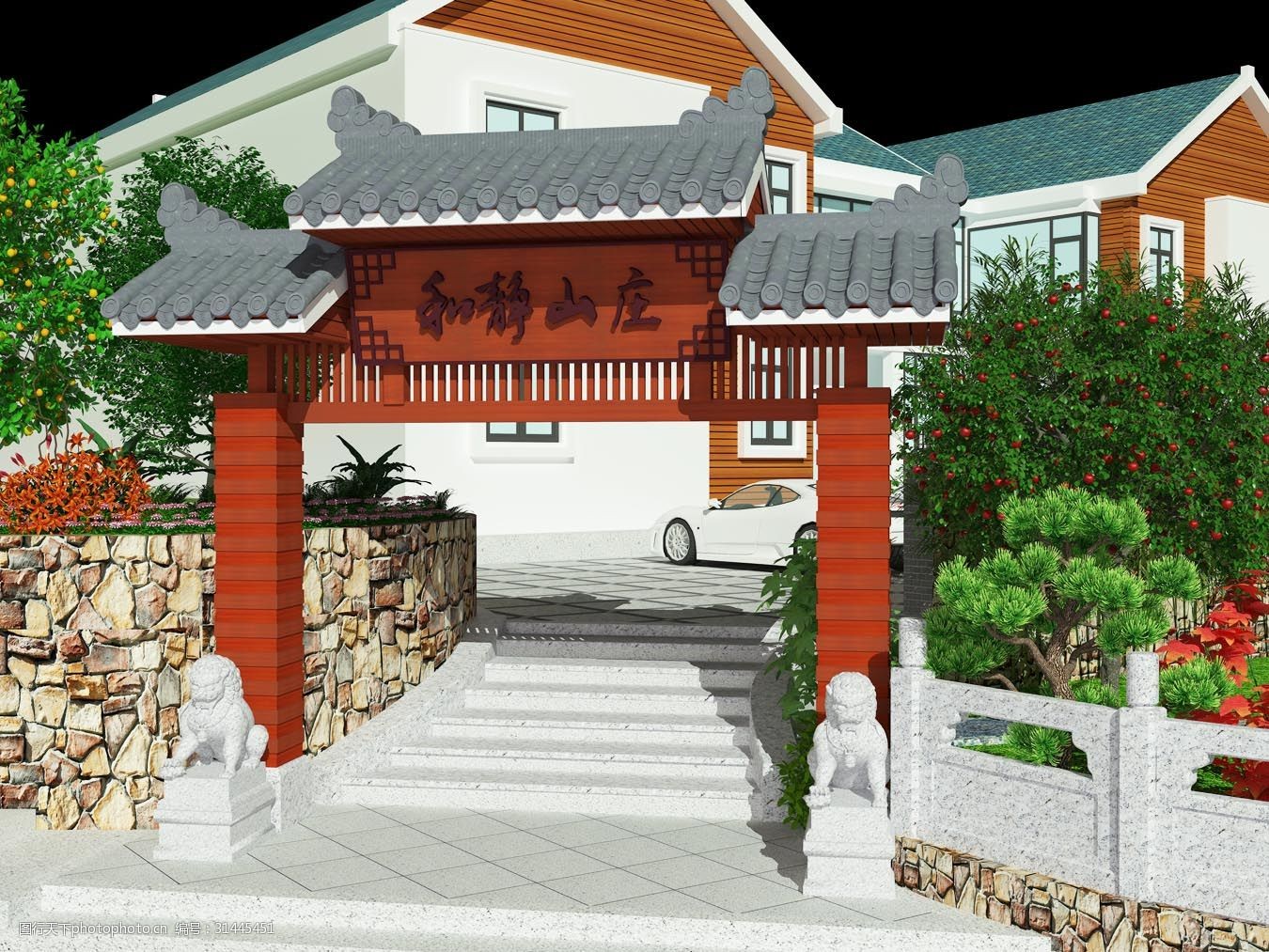 关键词:大门3d建模设计效果图 山庄大门 景观设计 花园设计 中式古建