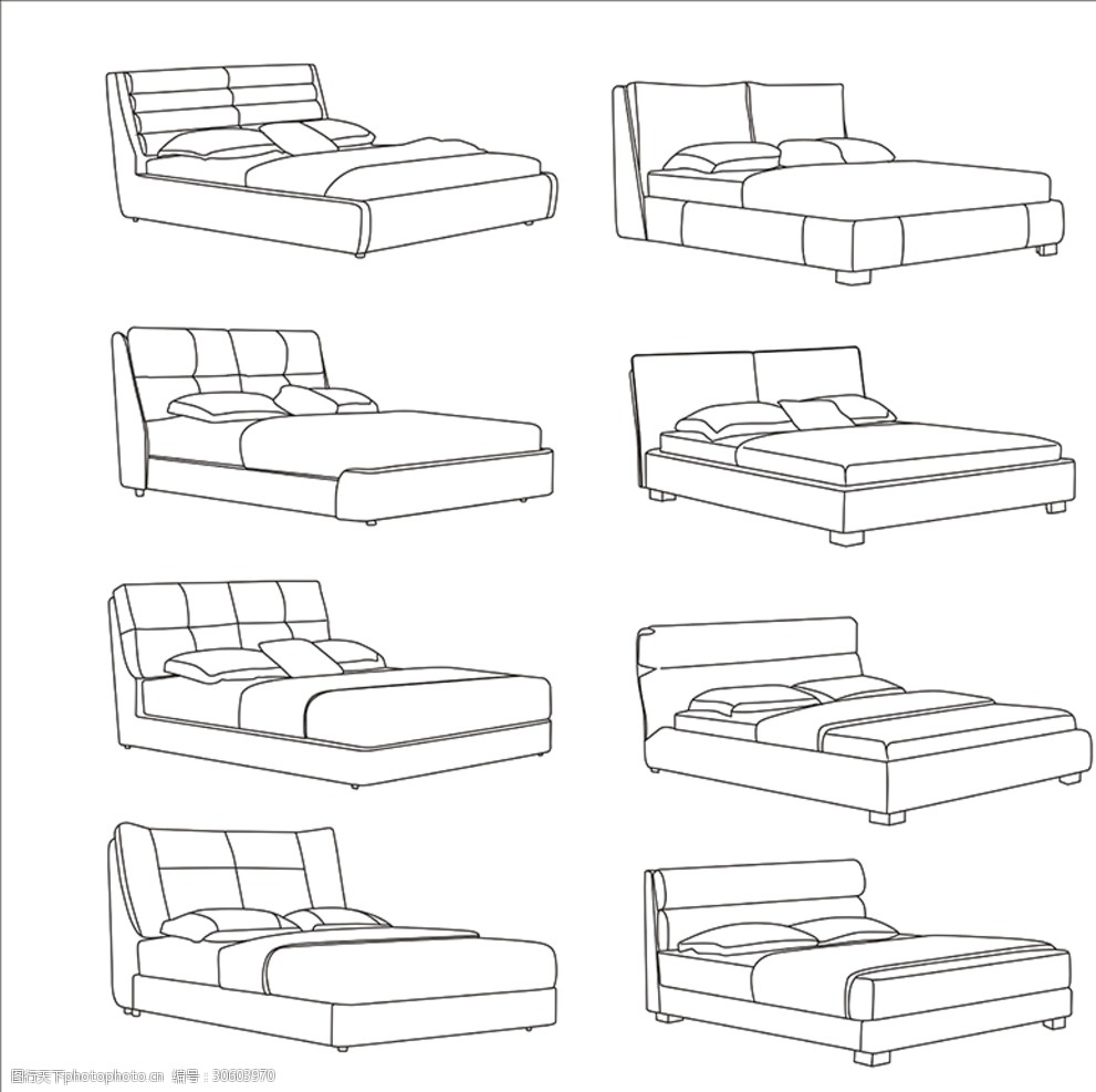 家具卧室 床线条图 白底图 线描家具 床手绘线条 设计 标志图标 其他