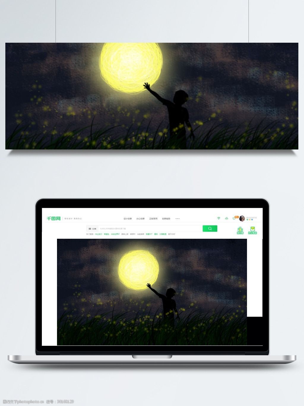 夜晚花海中男孩金色月亮卡通背景