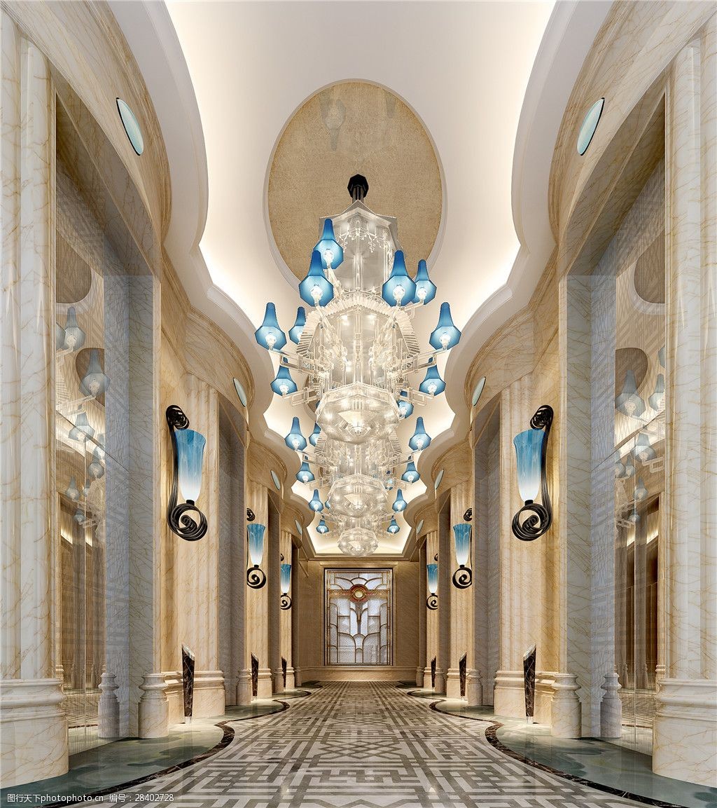 关键词:现代时尚精品酒店风格水晶灯工装装修效果图 酒店装修 大厅