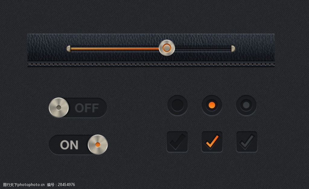 橙色的金属进度条滑块勾选框开关按钮素材
