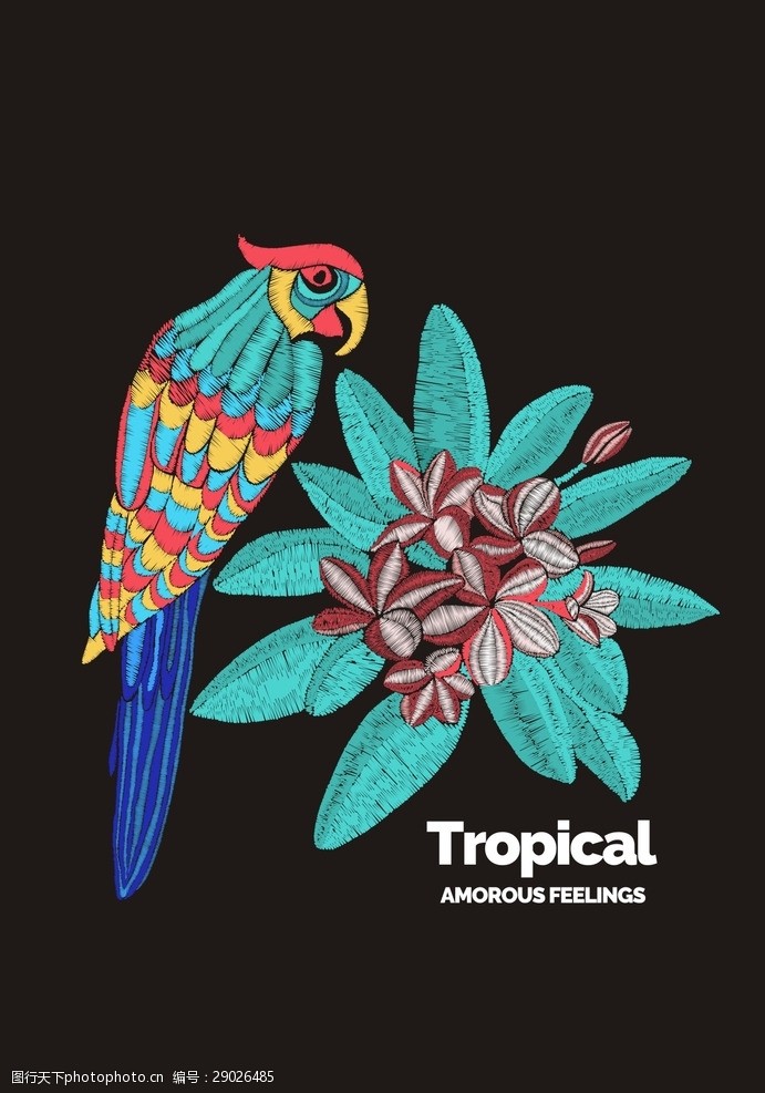 鹦鹉花朵花卉刺绣矢量图下载