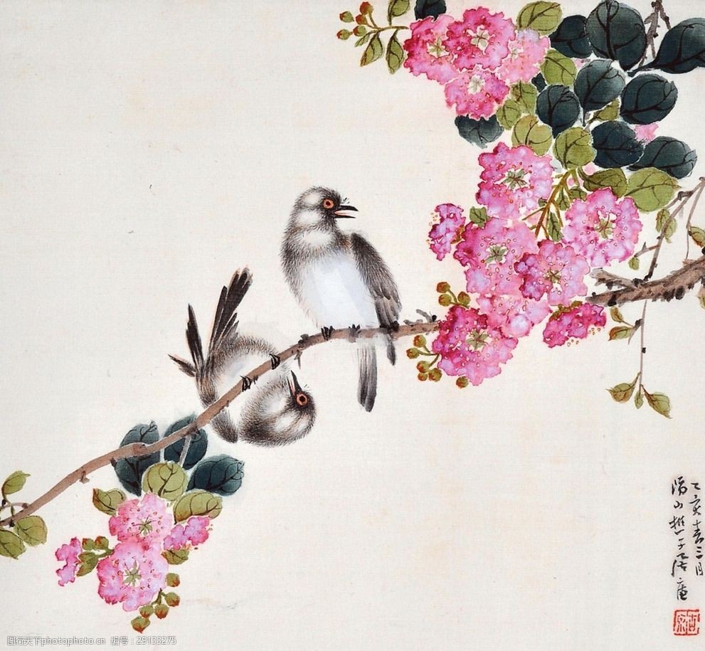 工笔作品花鸟春三月
