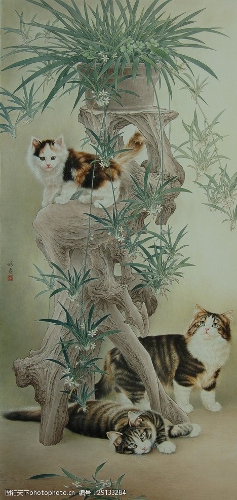 工笔作品群猫嬉戏