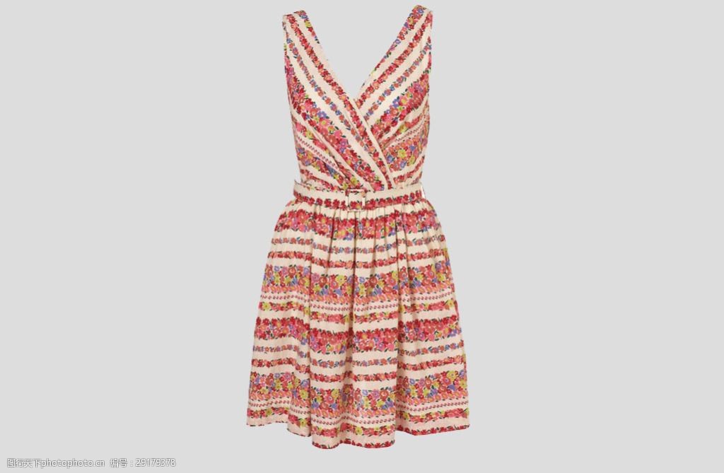 红色条纹碎花连衣裙免抠psd透明素材