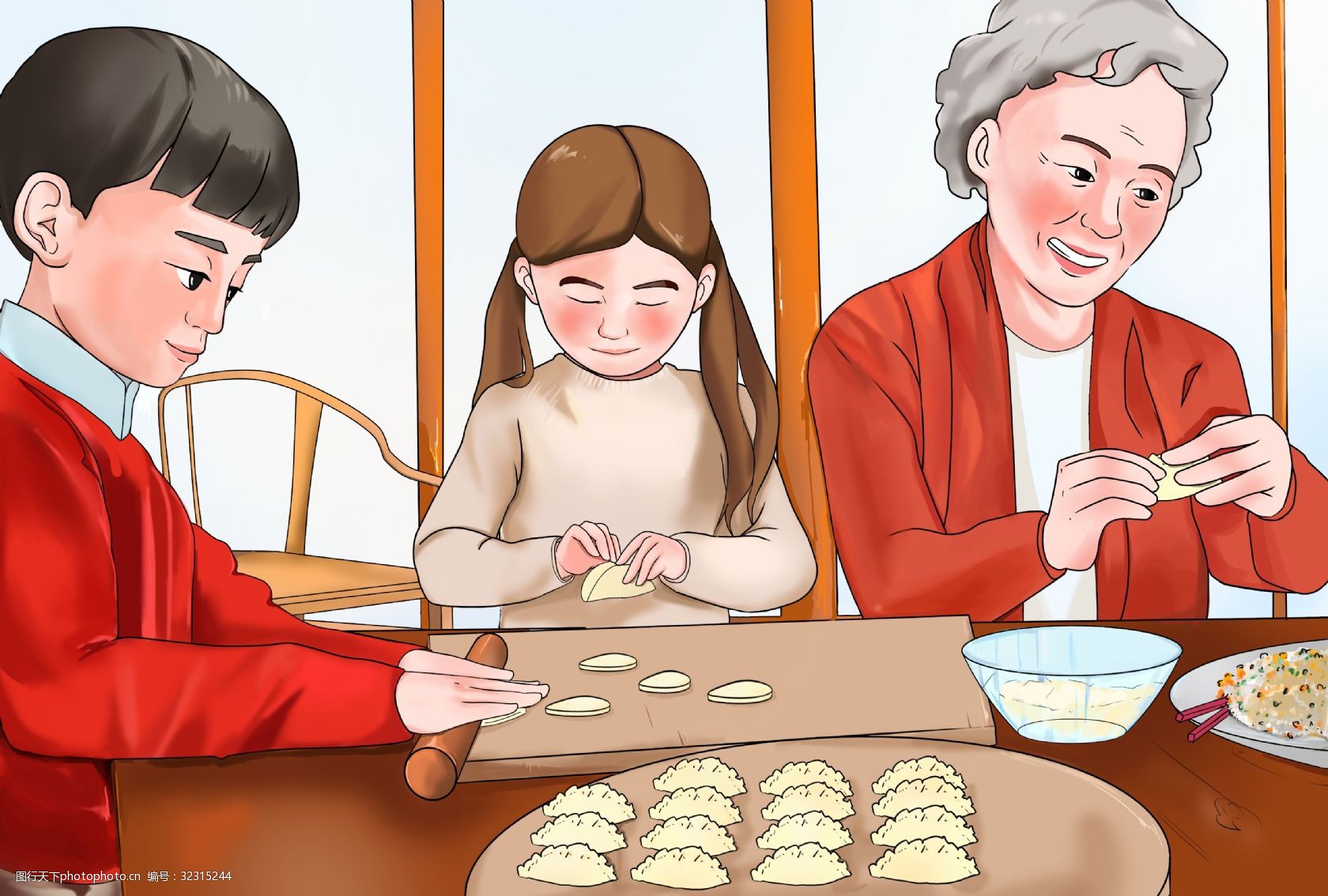 一家人包饺子的图画图片