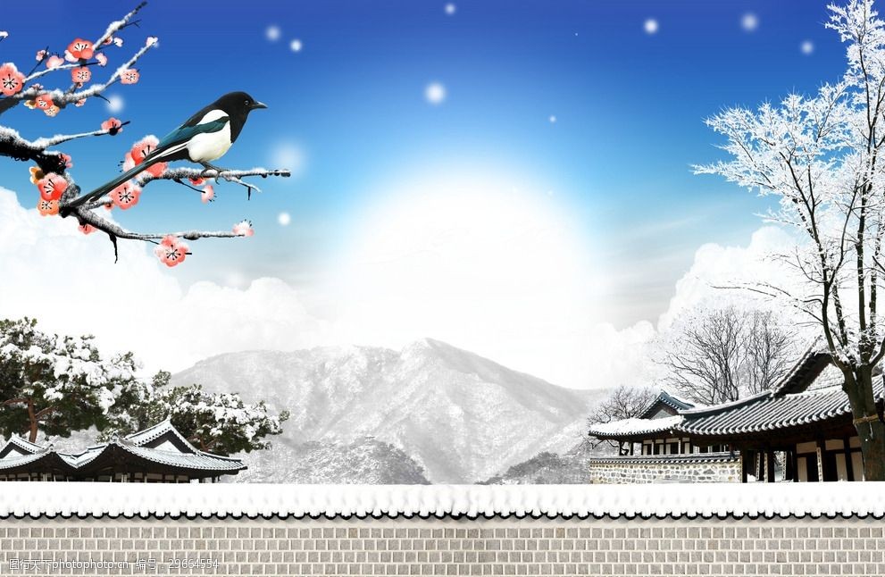 寒梅大雪电视背景墙