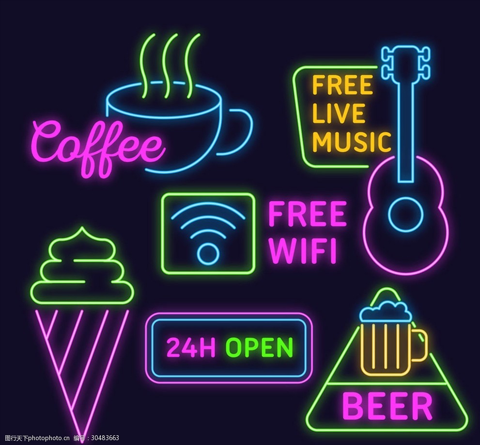 6款彩色霓虹灯招牌矢量素材