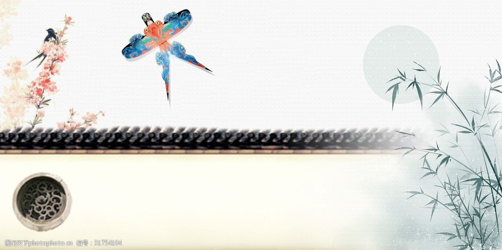 中国风彩绘风筝墙面背景设计