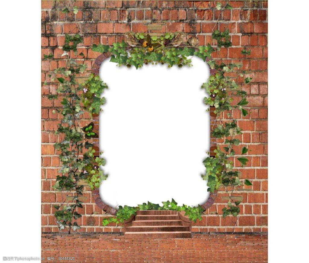 红色砖墙绿色叶子环绕门png元素