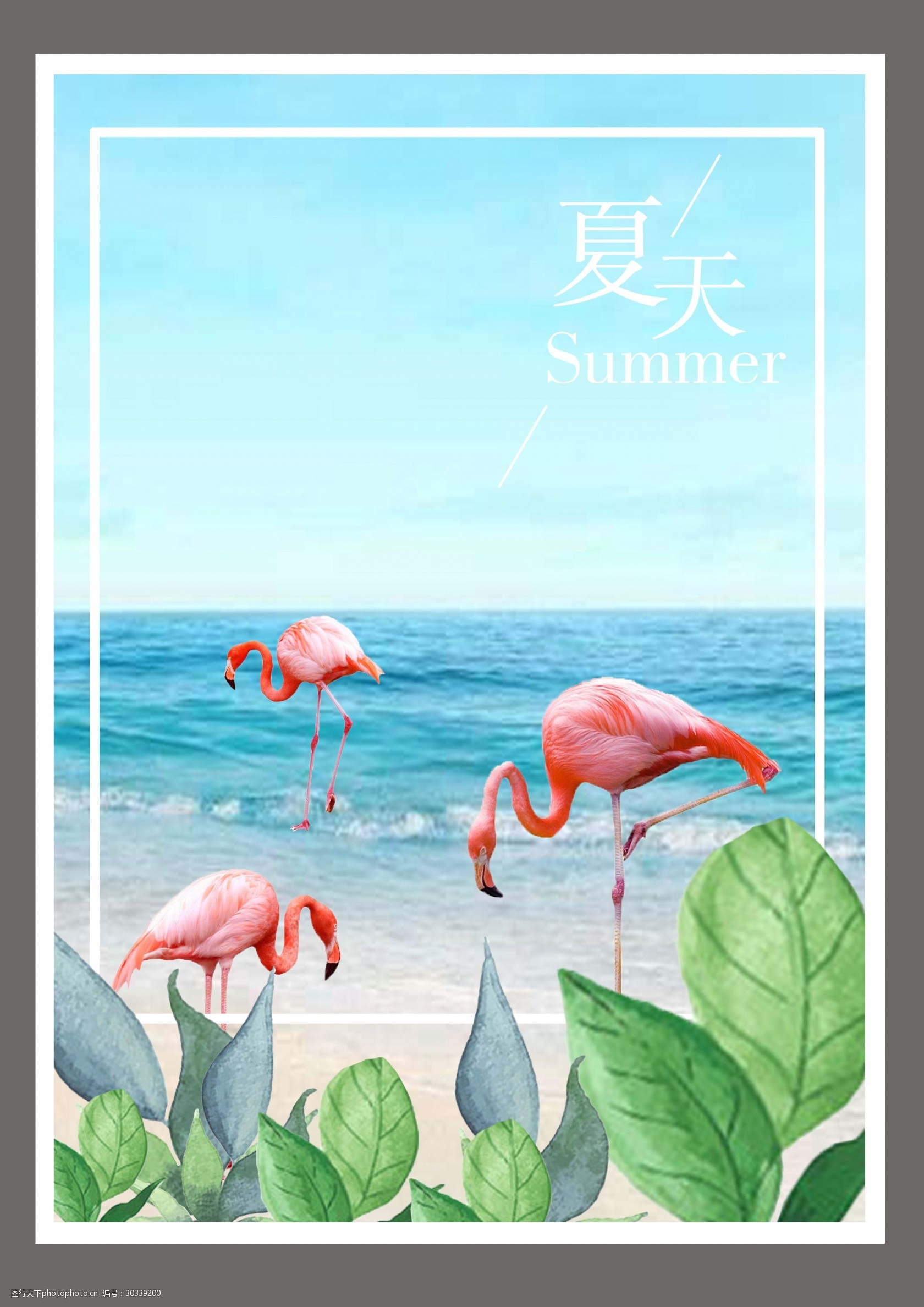 火烈鸟森系海边夏天海报
