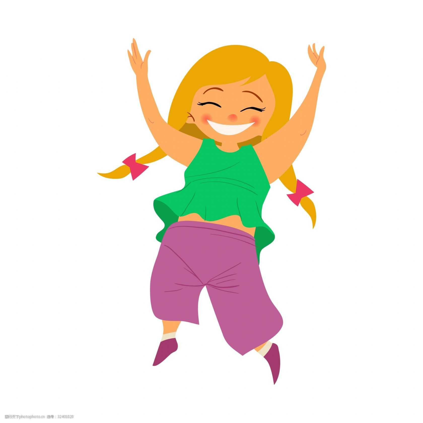 矢量扁平跳跃高兴的扎小辫女孩