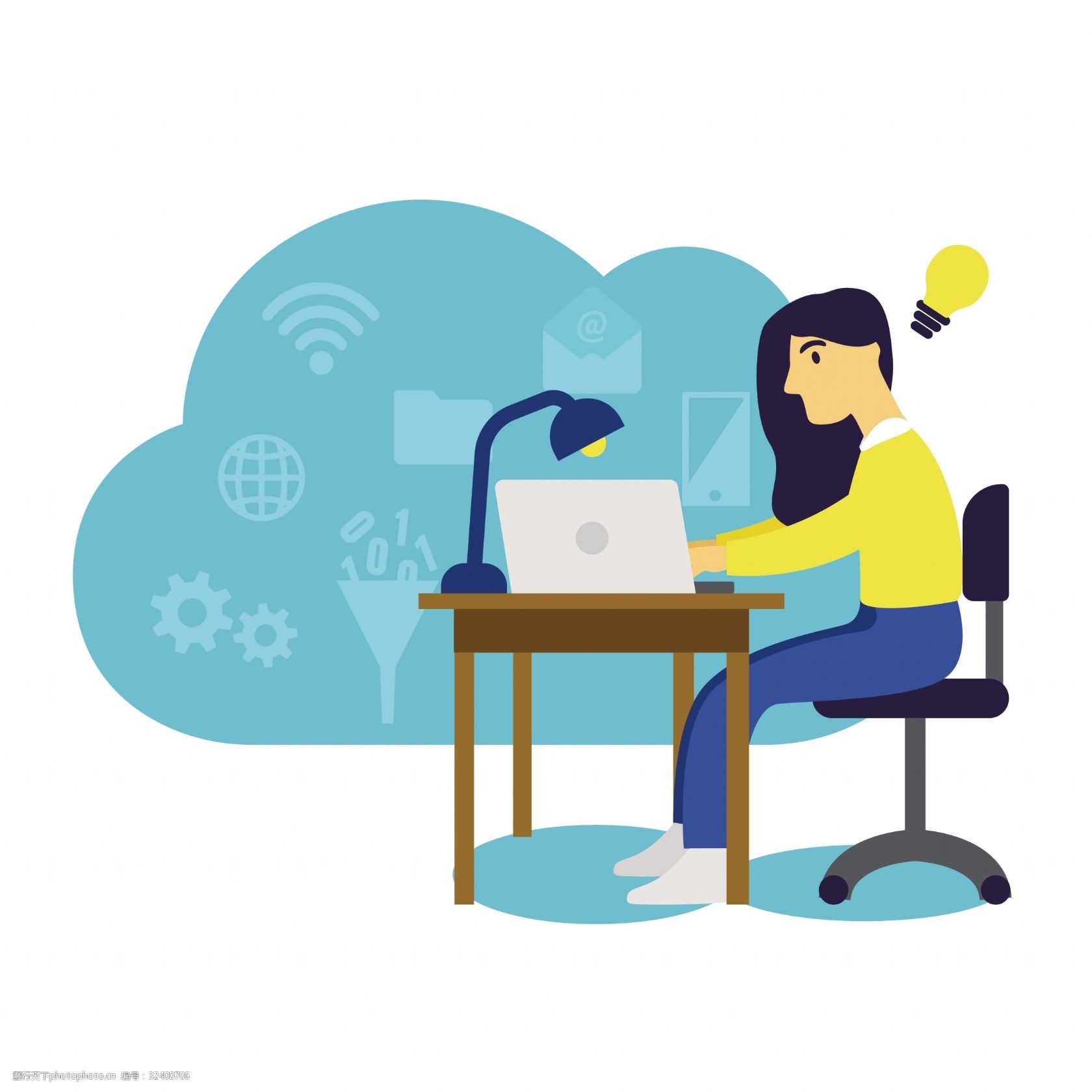 卡通坐在电脑前的女人矢量素材