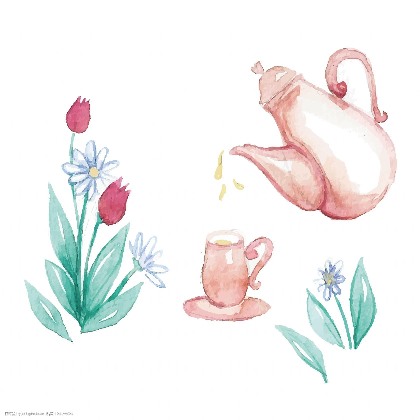 卡通手绘水彩的茶壶矢量素材