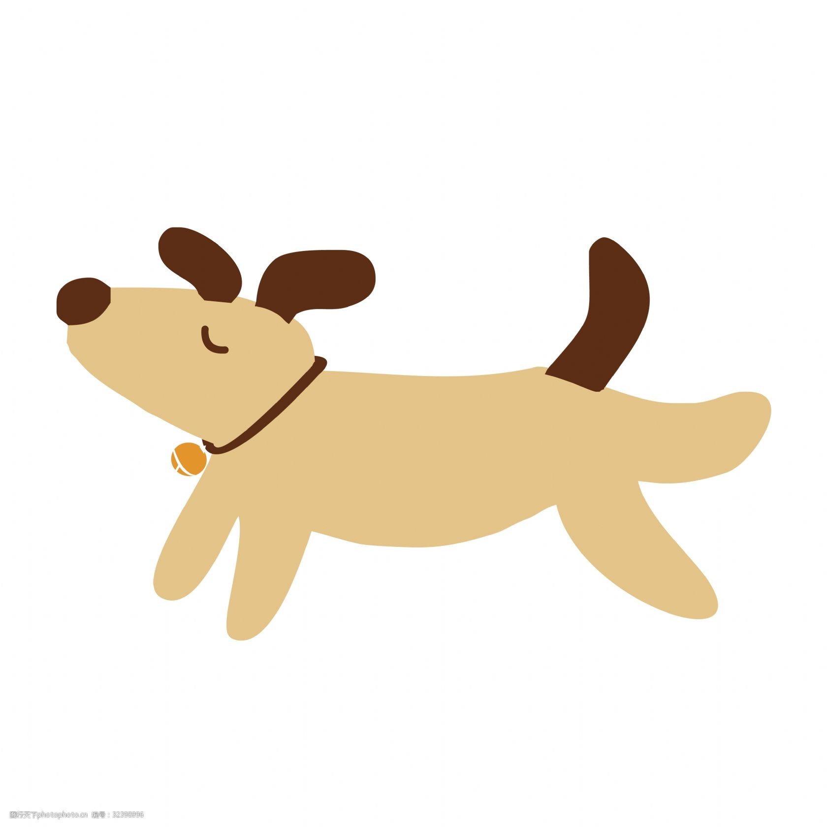 手绘卡通黄色奔跑的带铃铛的小狗