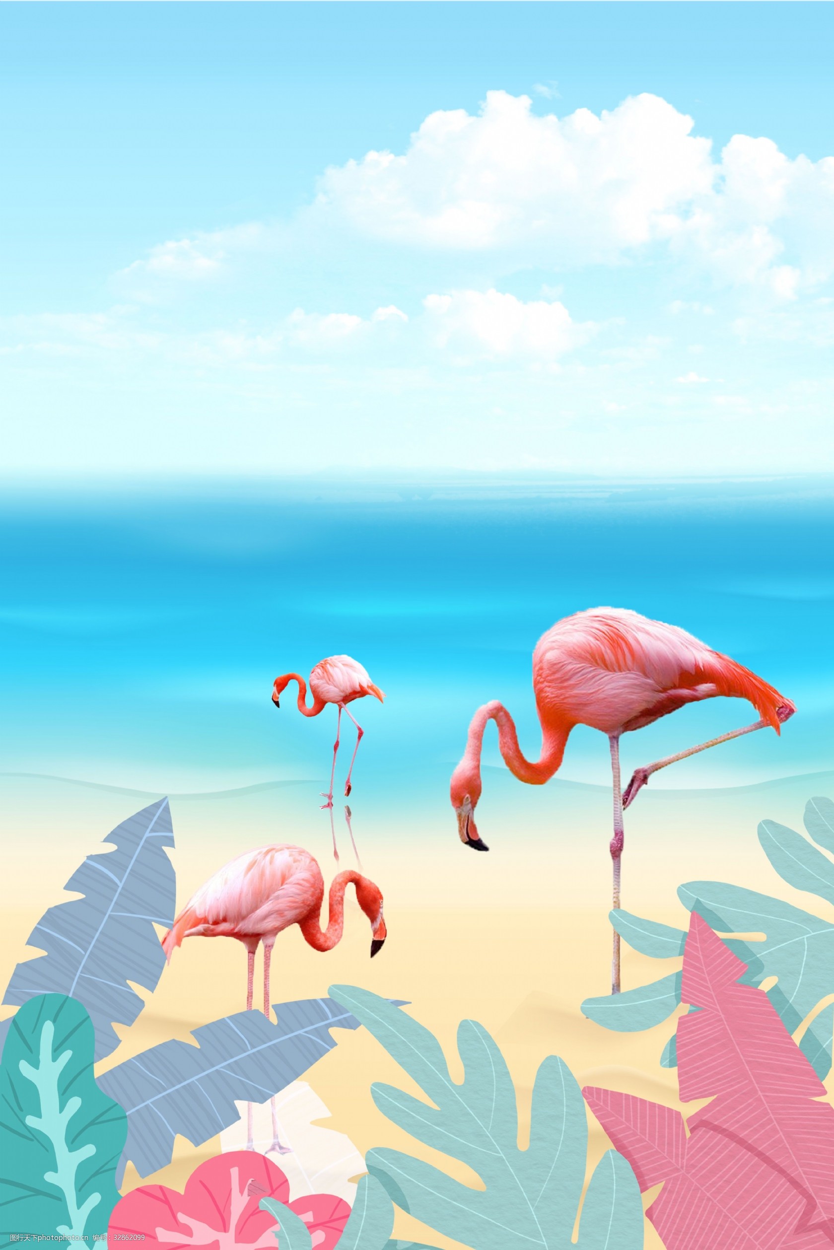 蓝色唯美夏季上新火烈鸟沙滩背景
