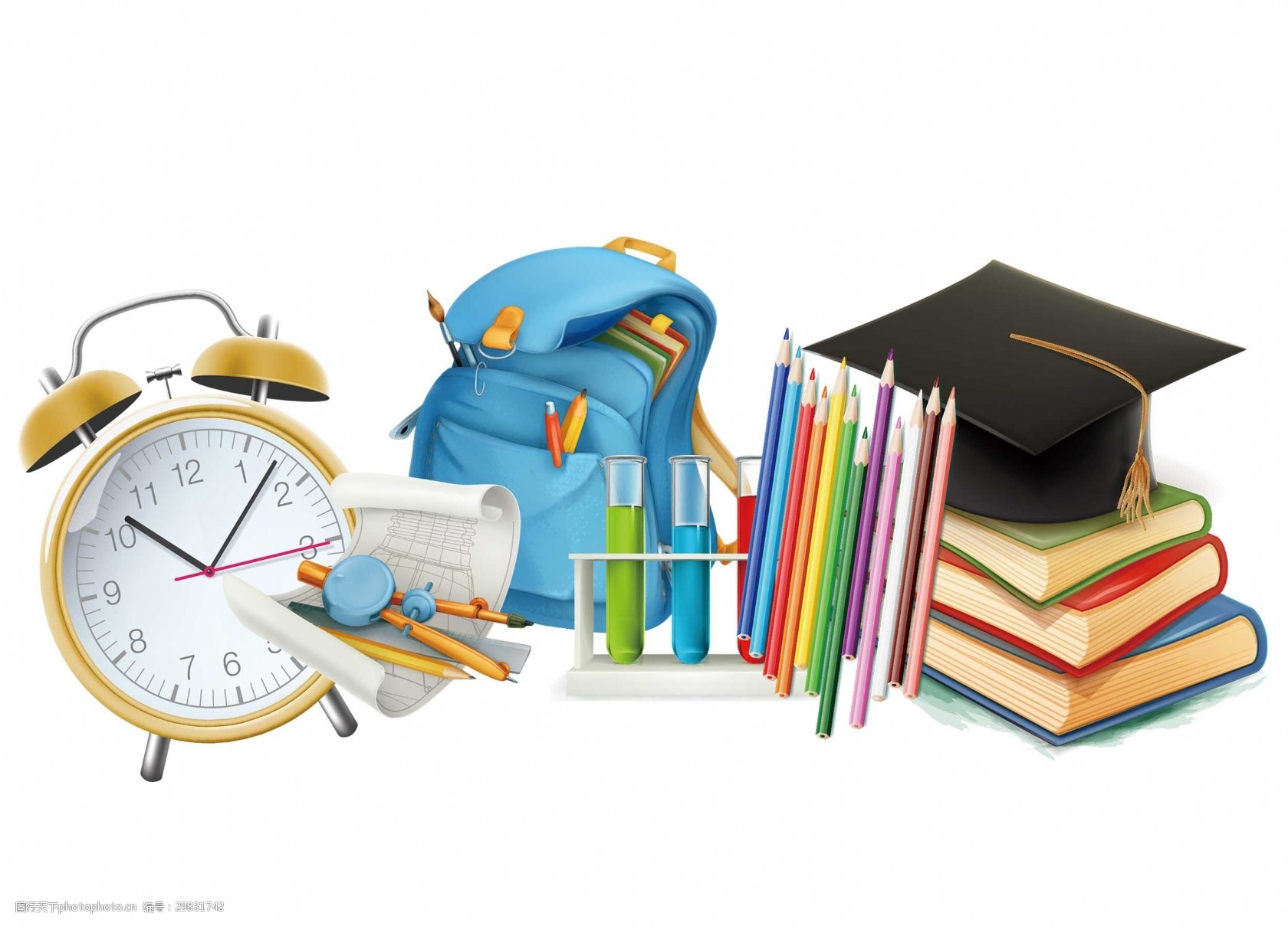 卡通学院风书包闹钟课本png元素