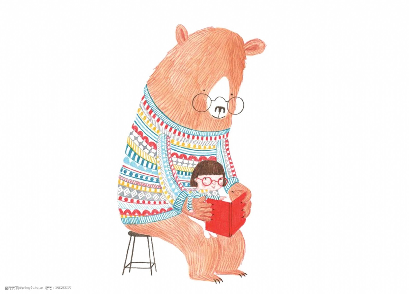 卡通童话熊奶奶陪着女孩看书png元素