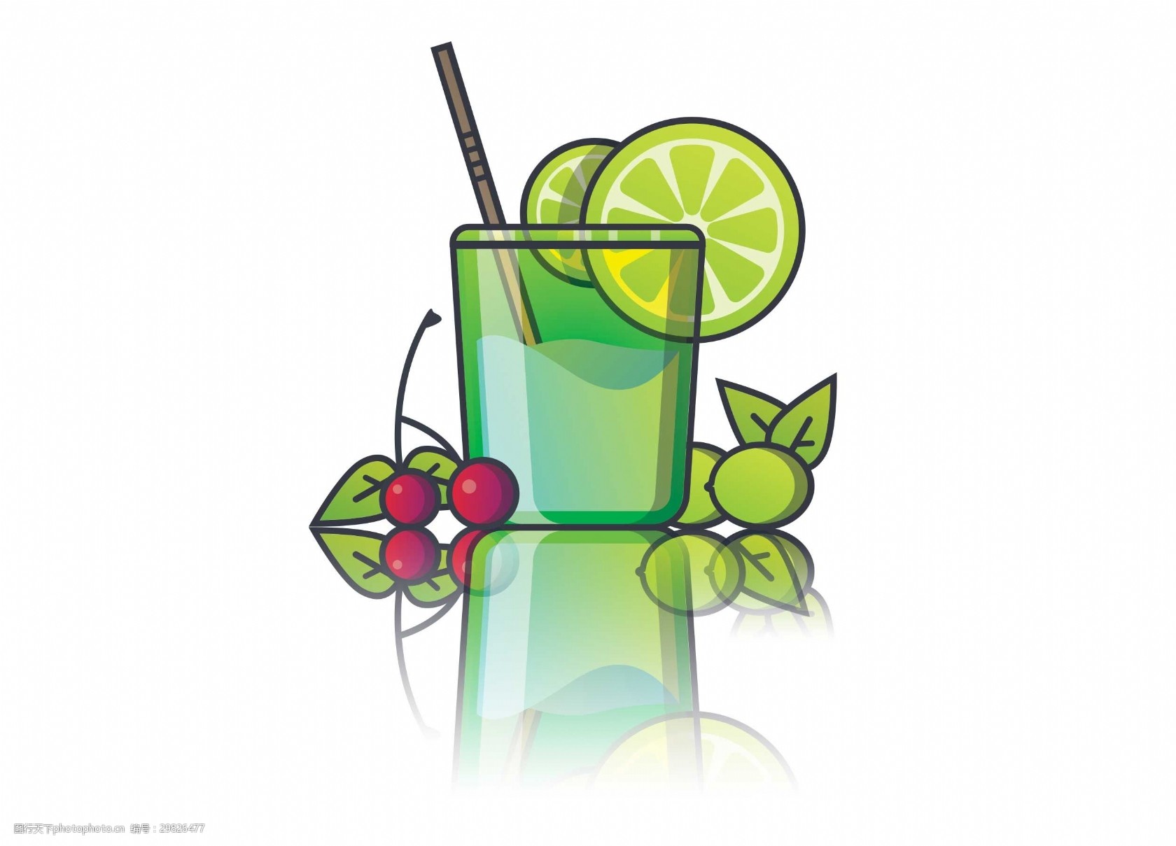 卡通扁平绿色饮料柠檬樱桃png元素