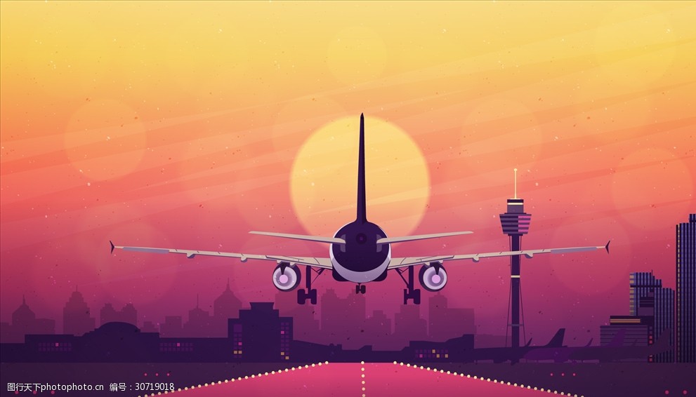 矢量机场夕阳飞机降落