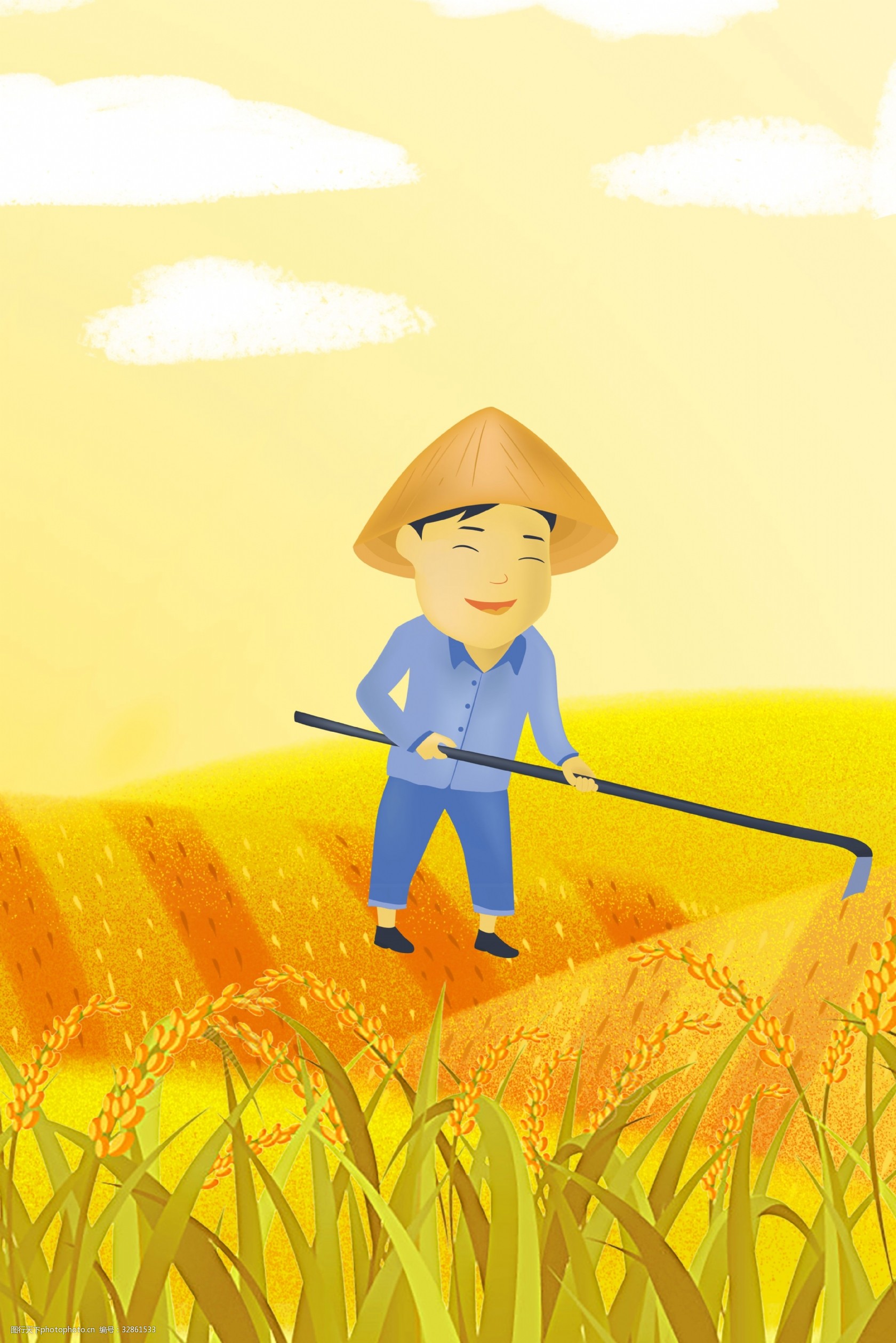 金色芒种晴天农民劳作海报 芒种背景 麦田 插画 文艺 唯美 夏天 农民